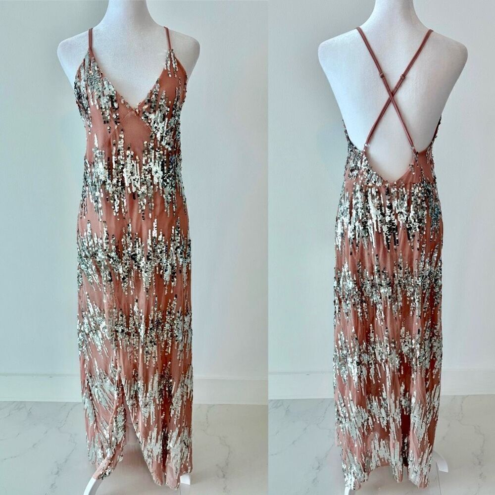 Stunning Pink Silver Sequin Dress | Cross Straps, Wedding Guest Blogger Favorite